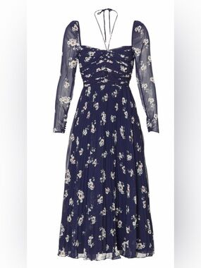 Self-Portrait Navy Long-Sleeve Pansy print Pleated Midi Dress 0